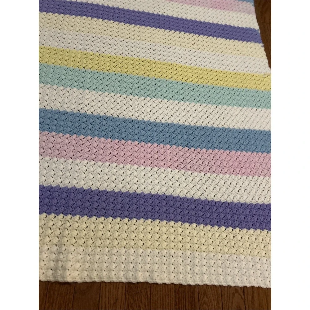 Handmade‎ Knit Vintage White Pink Yellow Blue Afghan Blanket Soft Retro 58